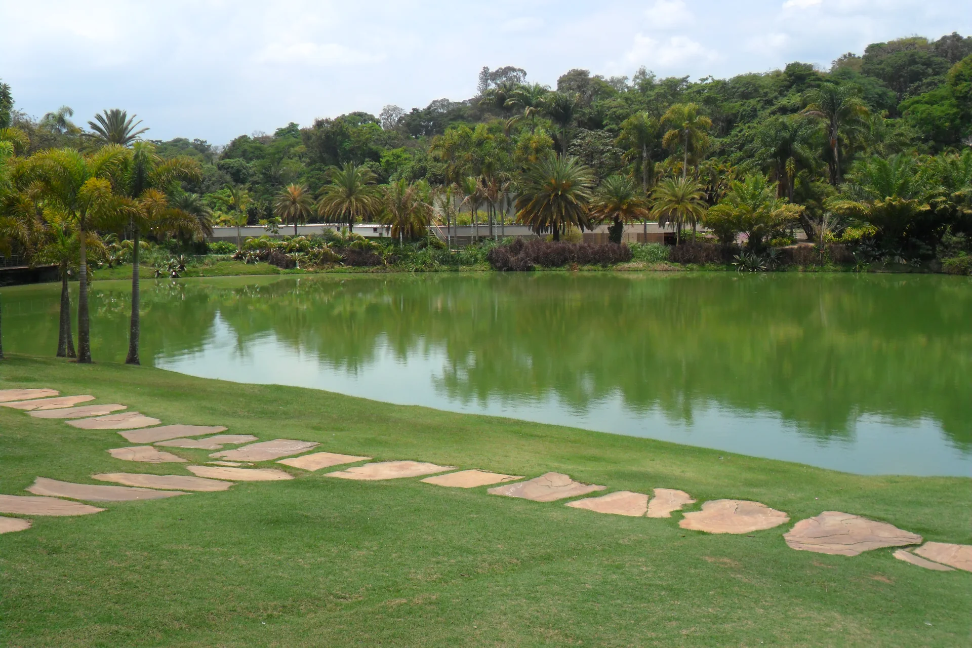 Imagem contextual do destino, não representa o Clara Resorts: lago, gramado e palmeiras do Instituto Inhotim em Brumadinho, Minas Gerais, em fotografia de arquivo de 2014.