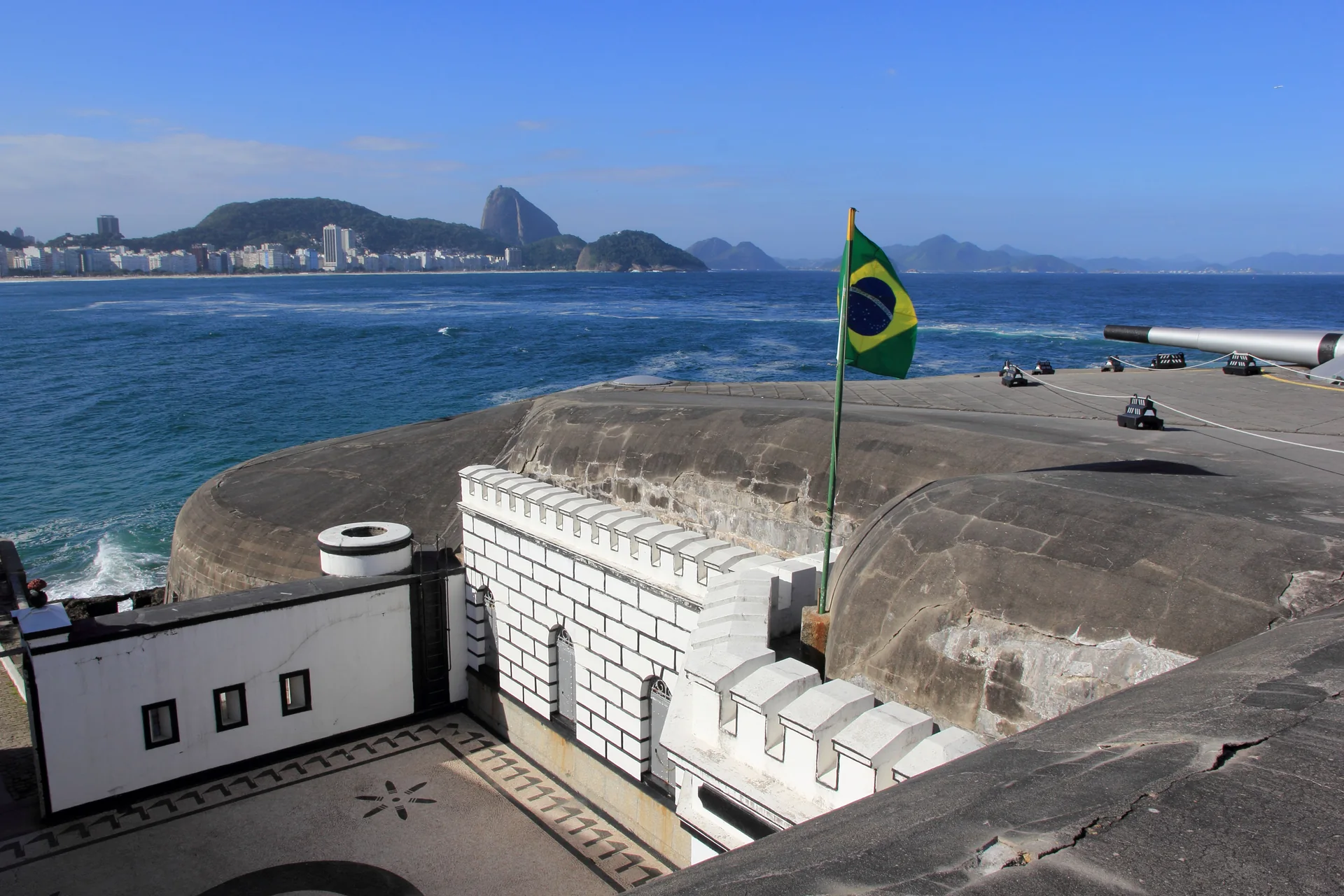 Canhões, pátio e vista para a Baía de Guanabara no Forte de Copacabana; imagem de contexto do entorno, não da cafeteria.
