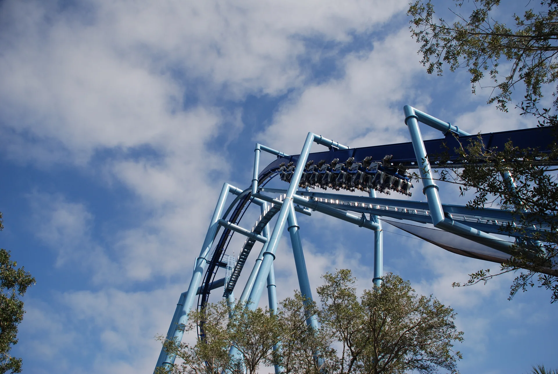 Trilho e trem da montanha-russa Manta entre árvores sob céu azul no SeaWorld Orlando; fotografia histórica de 2010, sem espetáculo animal.